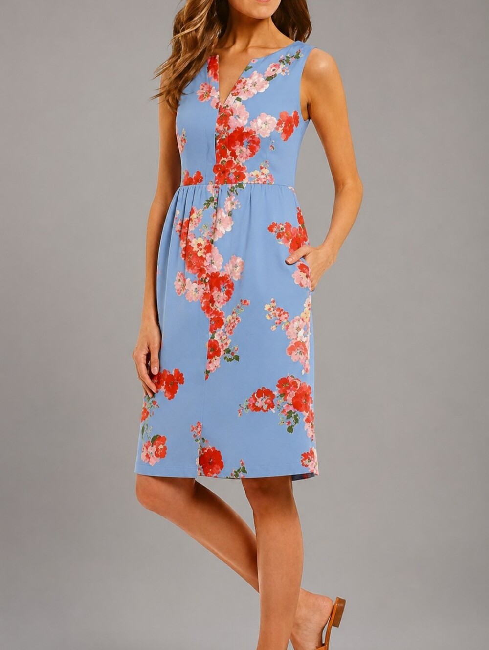 Joules Lisia Flax Linen Floral Print Sleeveless Dress Sz US 8 Blue Red